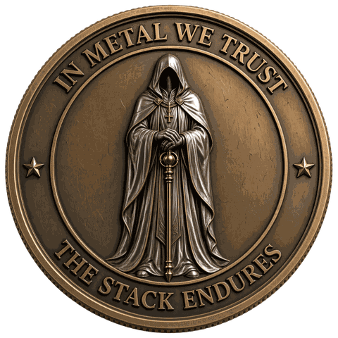 Keepers of the Stack coin, antique bronze finish — reverse